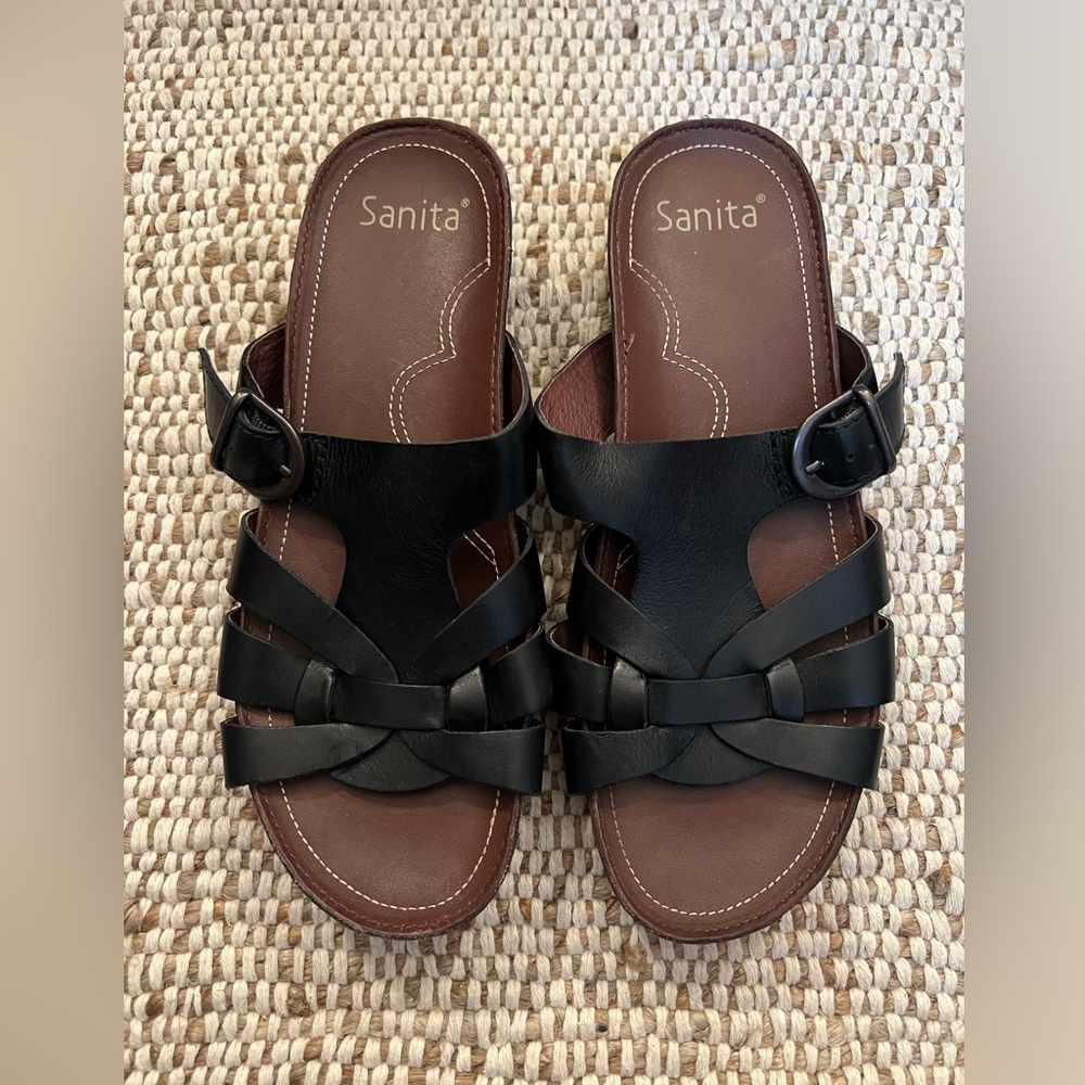 Sanita Danish Black Leather Slides Sandals Size 41 US Size 10-10.5 Comfort